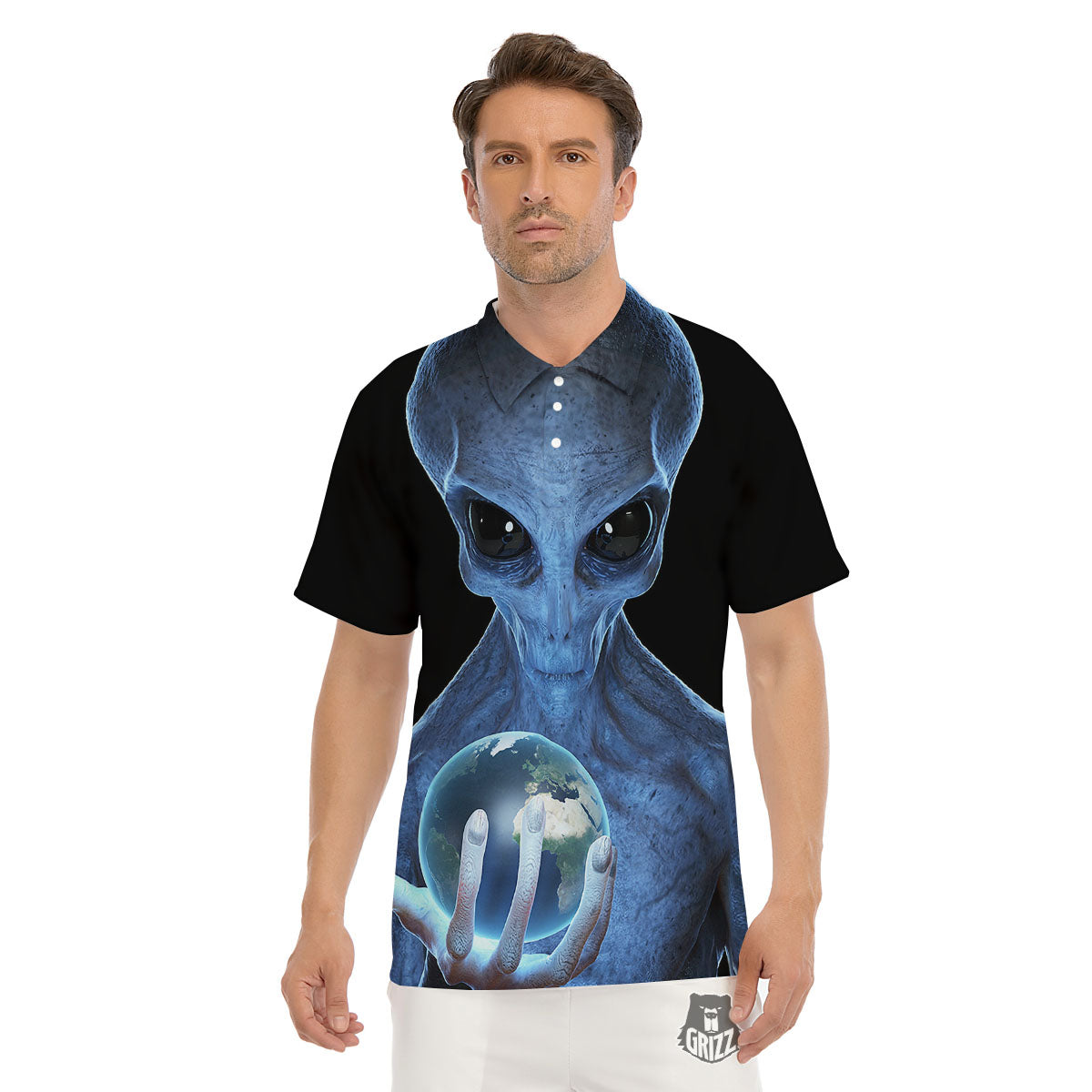 3D Scary Alien Grey Print Men's Golf Shirts-grizzshop