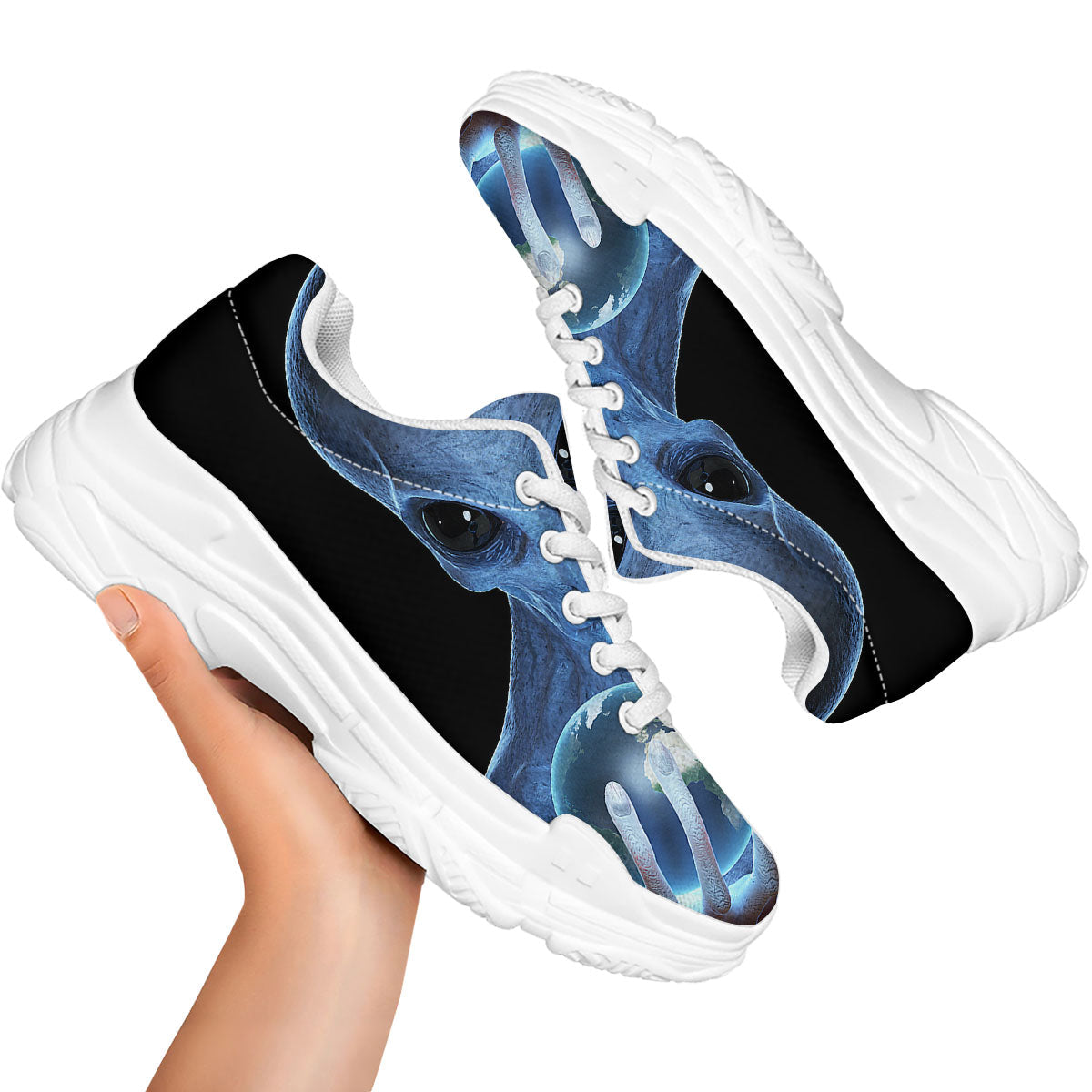 3D Scary Alien Grey Print White Chunky Shoes-grizzshop