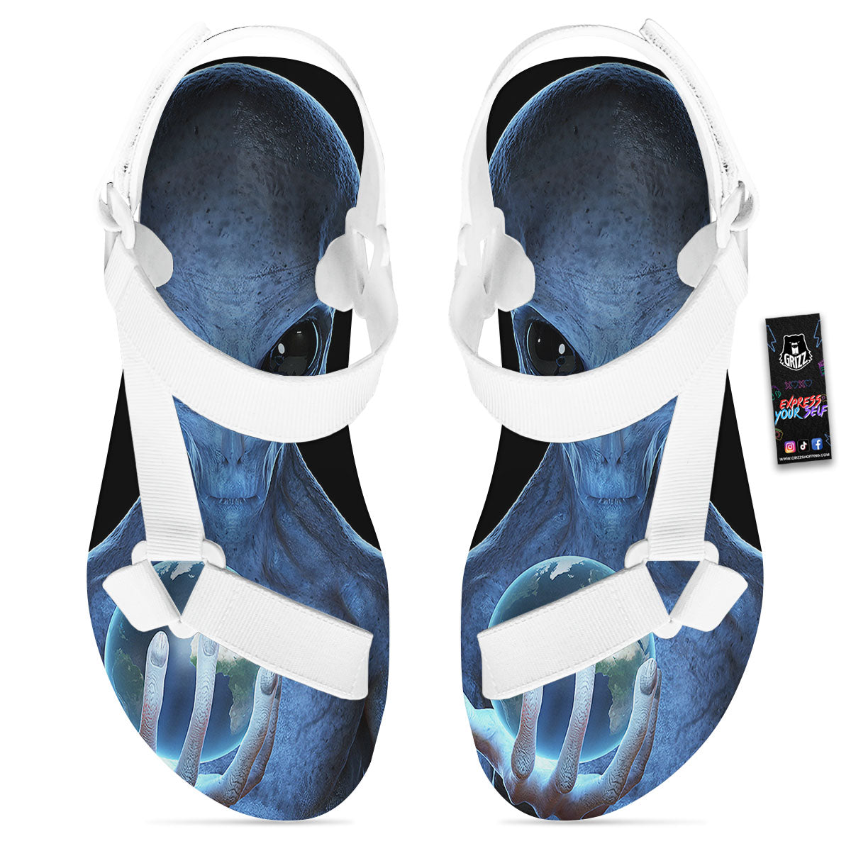 3D Scary Alien Grey Print White Open Toe Sandals-grizzshop