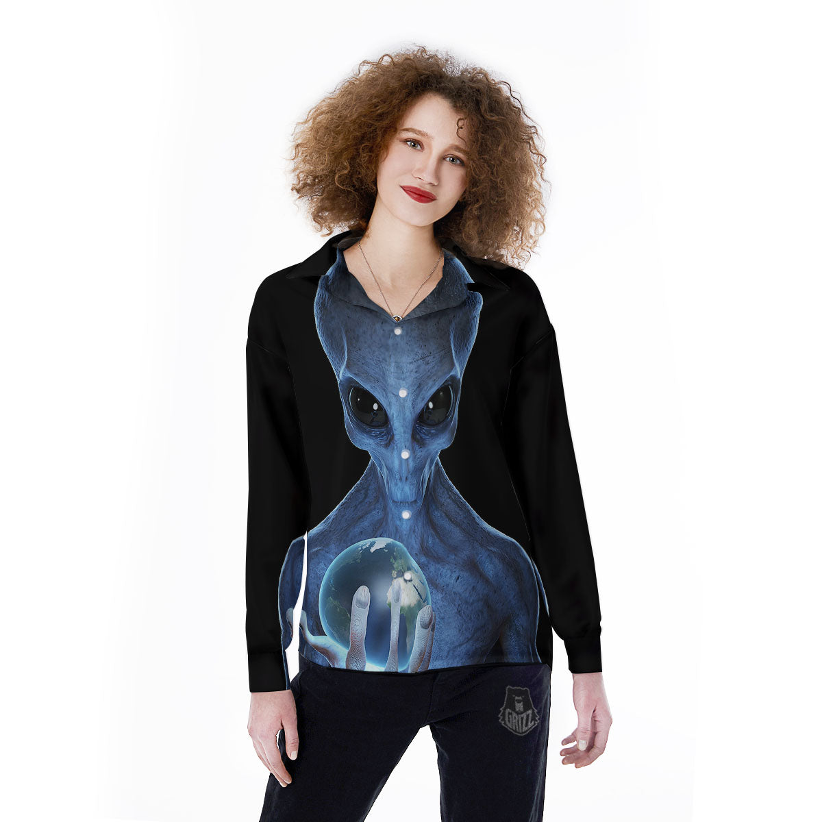 3D Scary Alien Grey Print Women's Long Sleeve Shirts-grizzshop