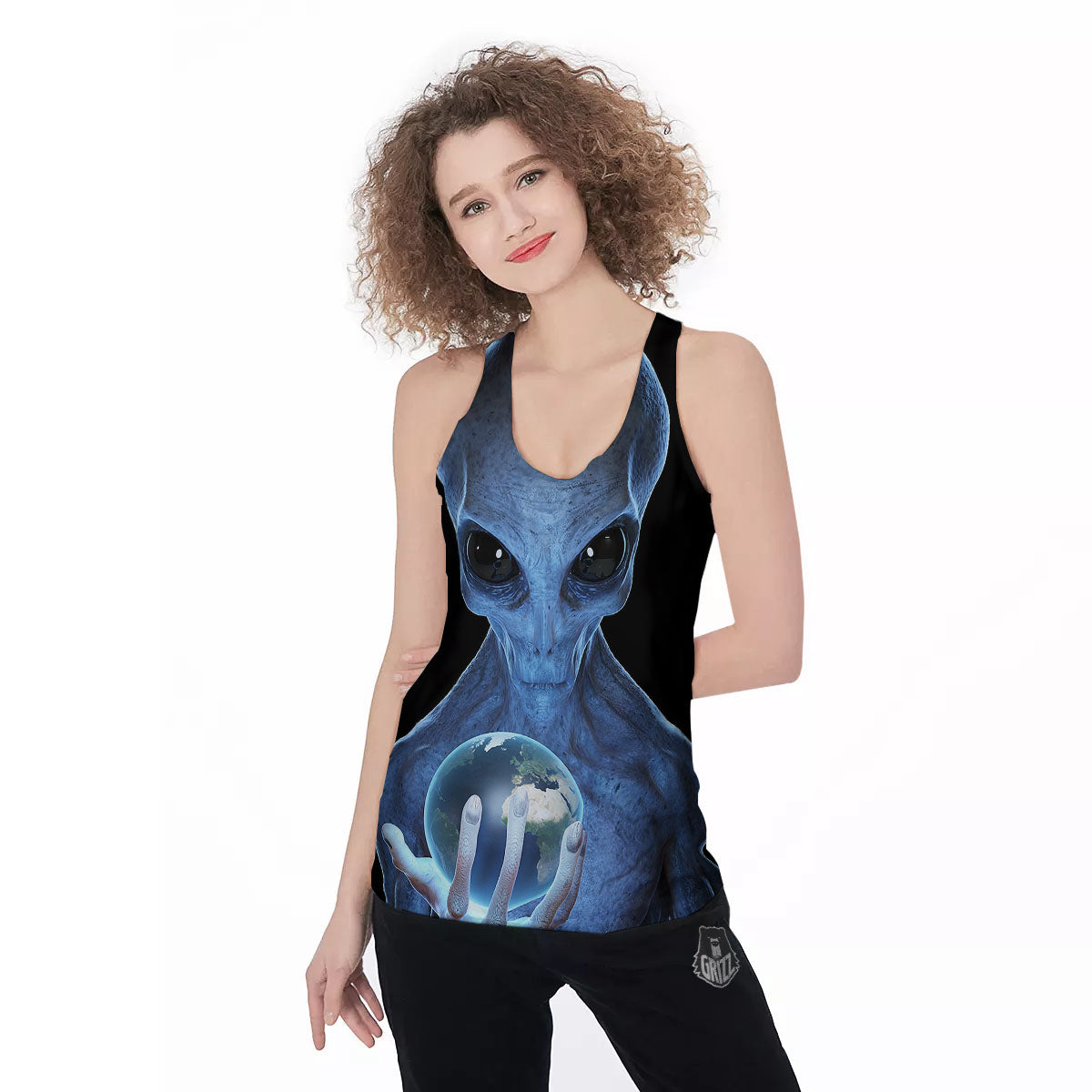 3D Scary Alien Grey Print Women's Racerback Tank Top-grizzshop