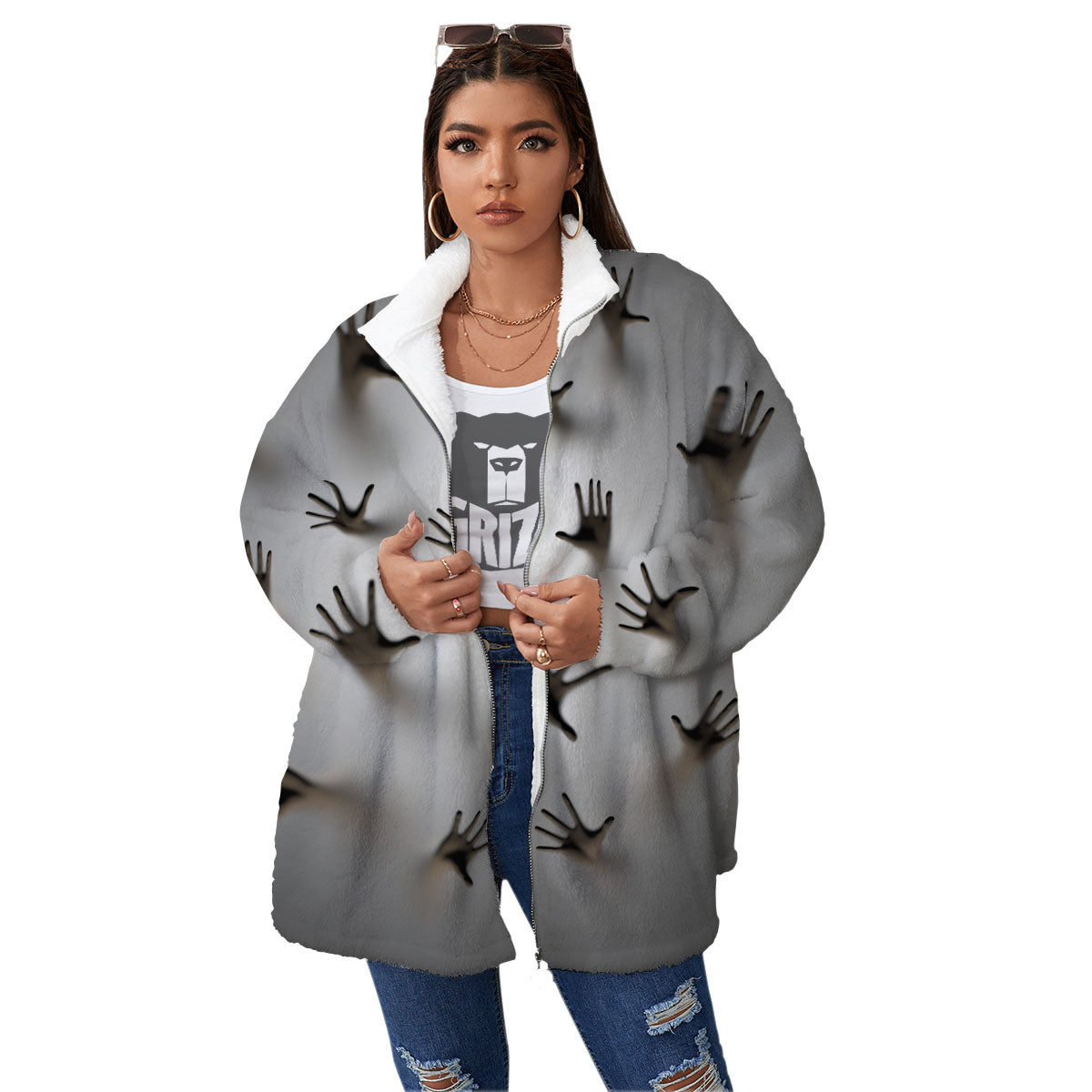 3D Scary Ghost Print Women's Sherpa Jacket-grizzshop