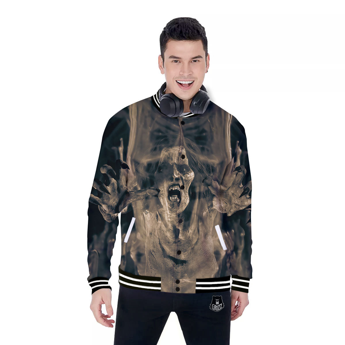 3D Screaming Ghost Horror Print Baseball Jacket-grizzshop