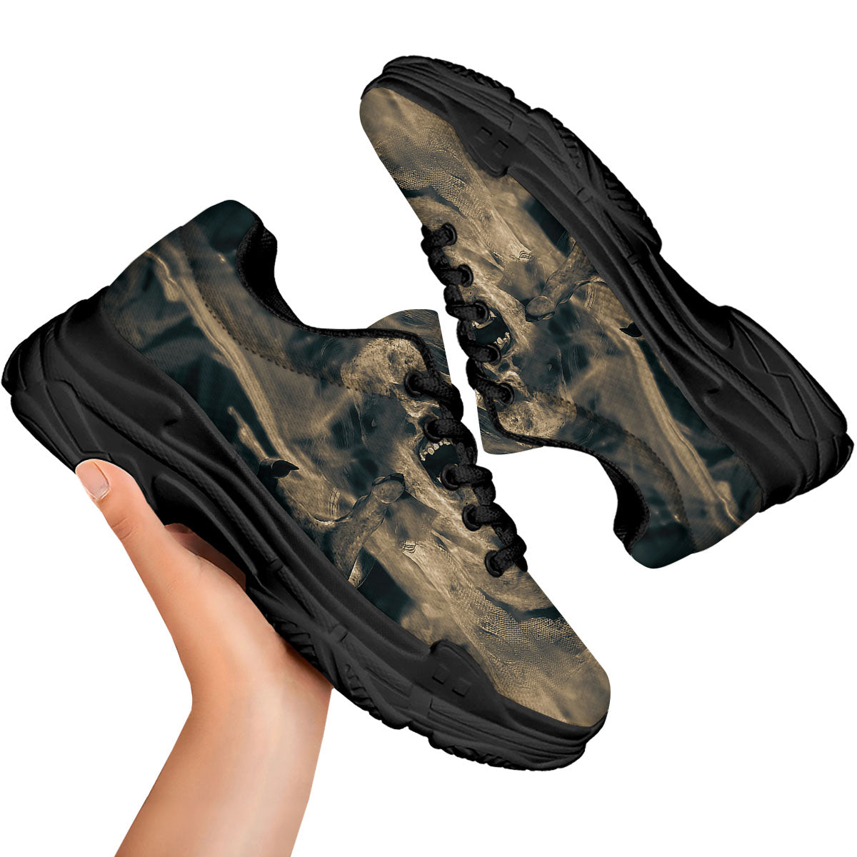 3D Screaming Ghost Horror Print Black Chunky Shoes-grizzshop