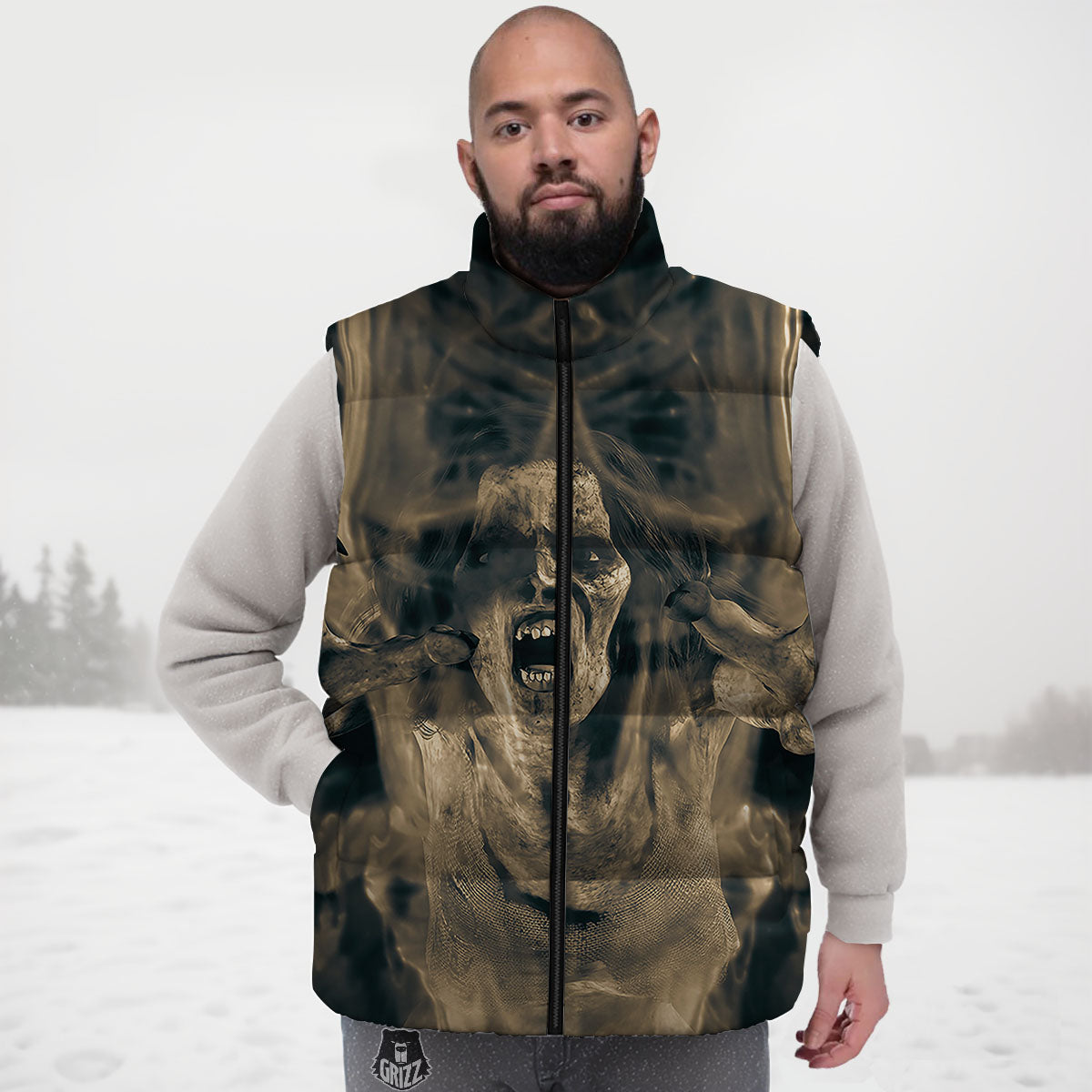 3D Screaming Ghost Horror Print Down Vest-grizzshop