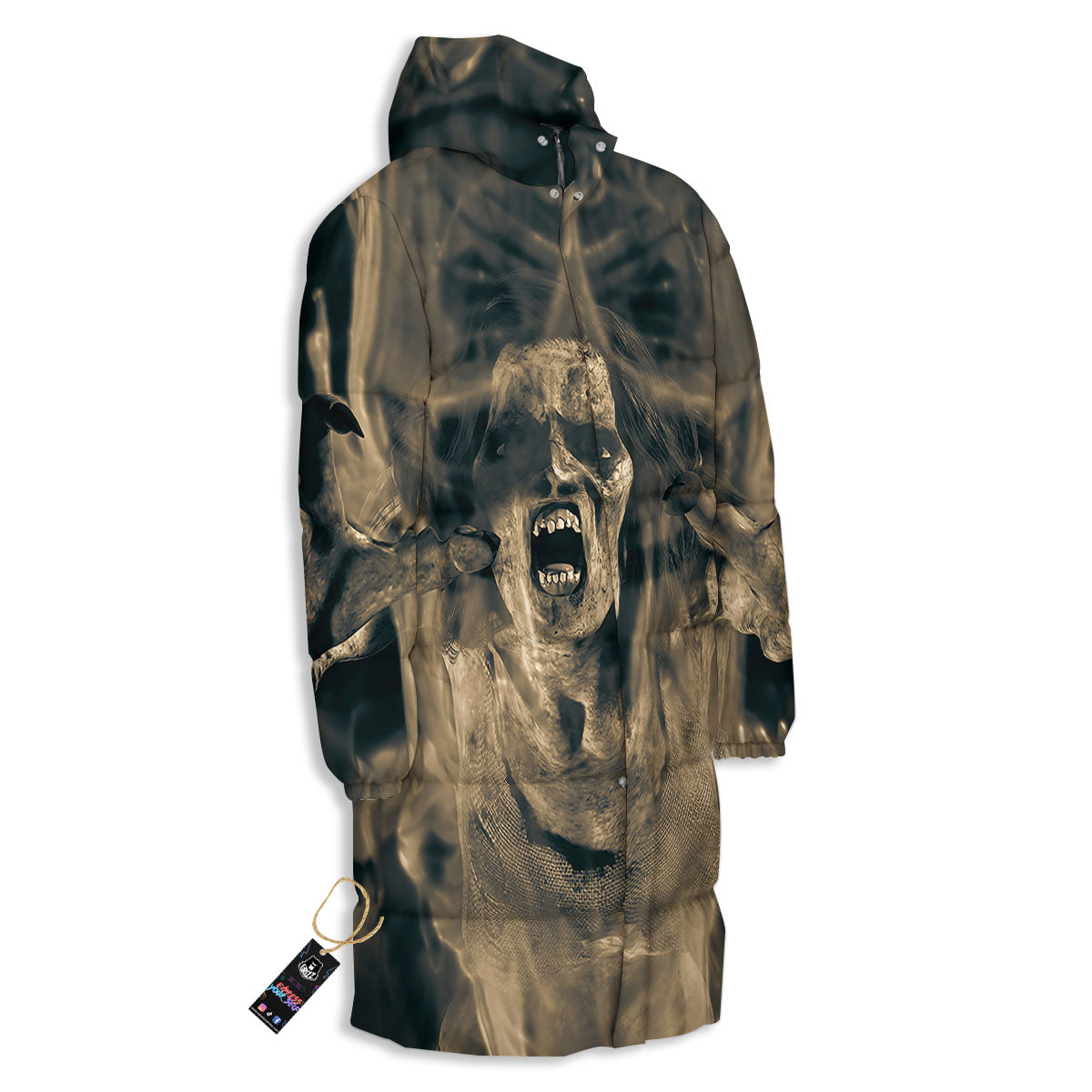 3D Screaming Ghost Horror Print Long Down Jacket-grizzshop