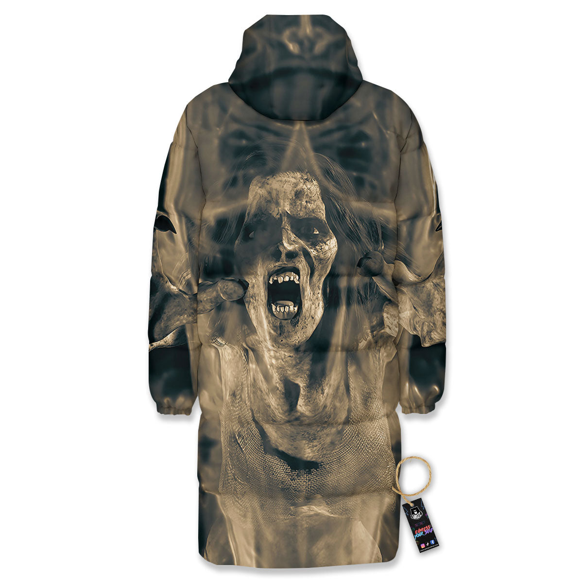 3D Screaming Ghost Horror Print Long Down Jacket-grizzshop