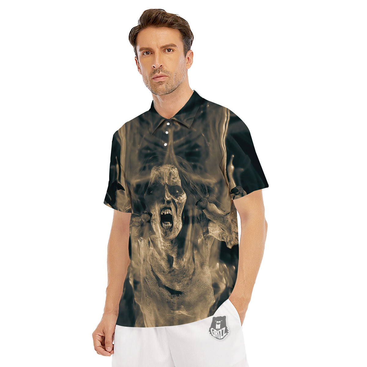 3D Screaming Ghost Horror Print Men's Golf Shirts-grizzshop