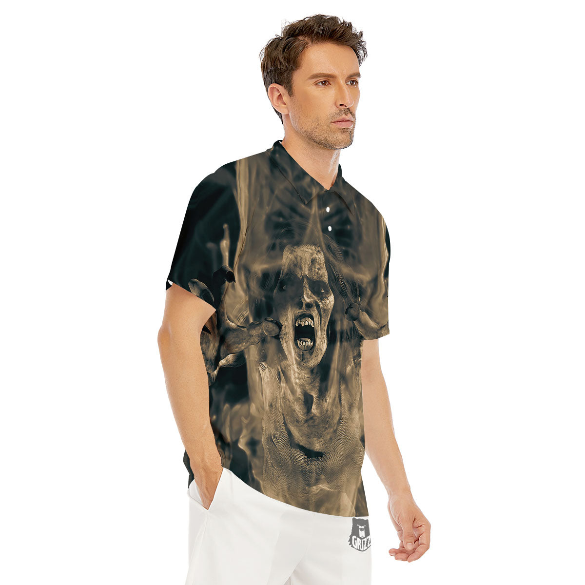 3D Screaming Ghost Horror Print Men's Golf Shirts-grizzshop