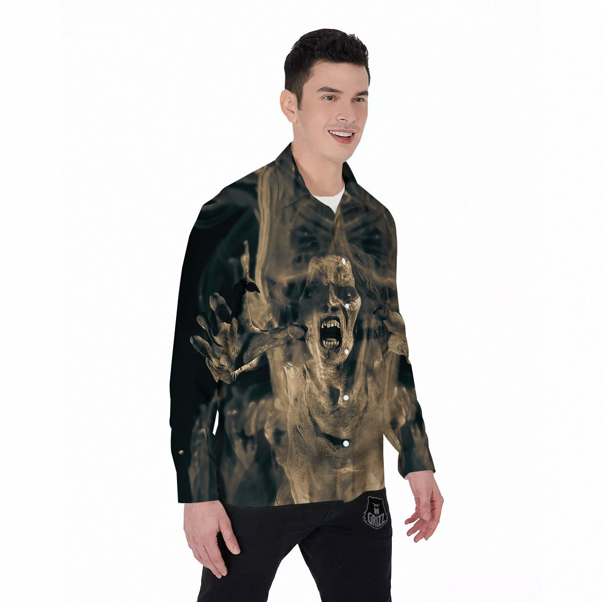 3D Screaming Ghost Horror Print Men's Long Sleeve Shirts-grizzshop