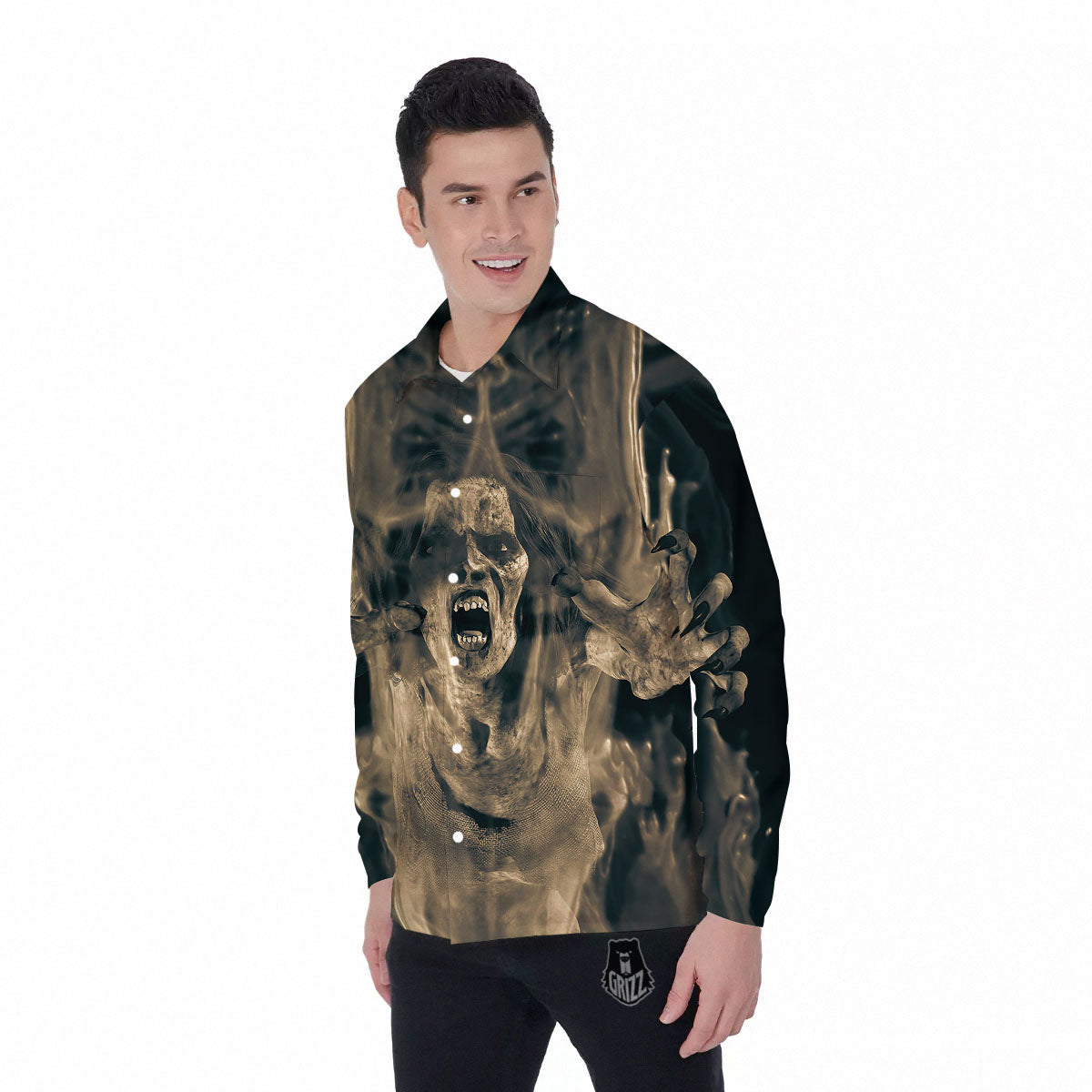 3D Screaming Ghost Horror Print Men's Long Sleeve Shirts-grizzshop