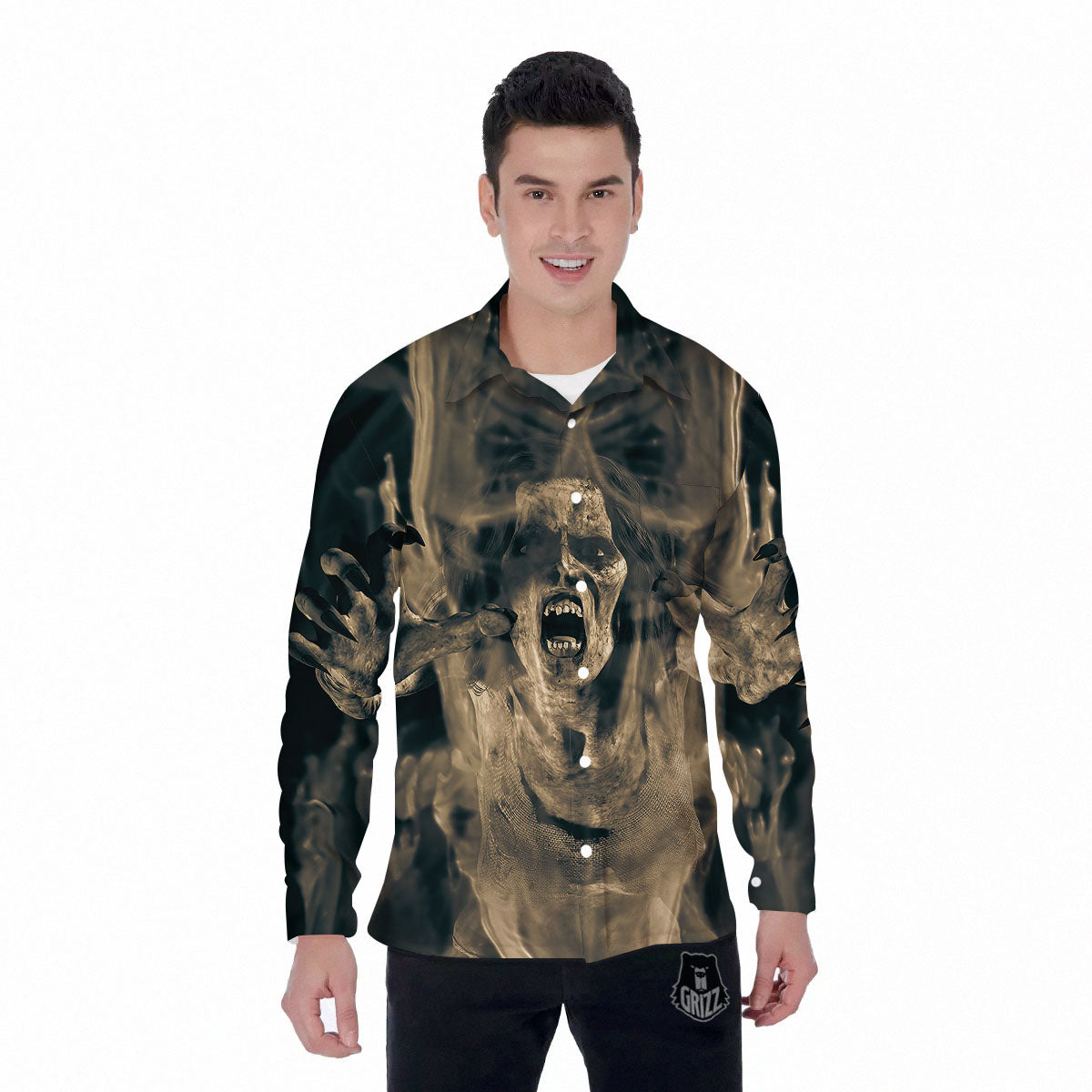 3D Screaming Ghost Horror Print Men's Long Sleeve Shirts-grizzshop