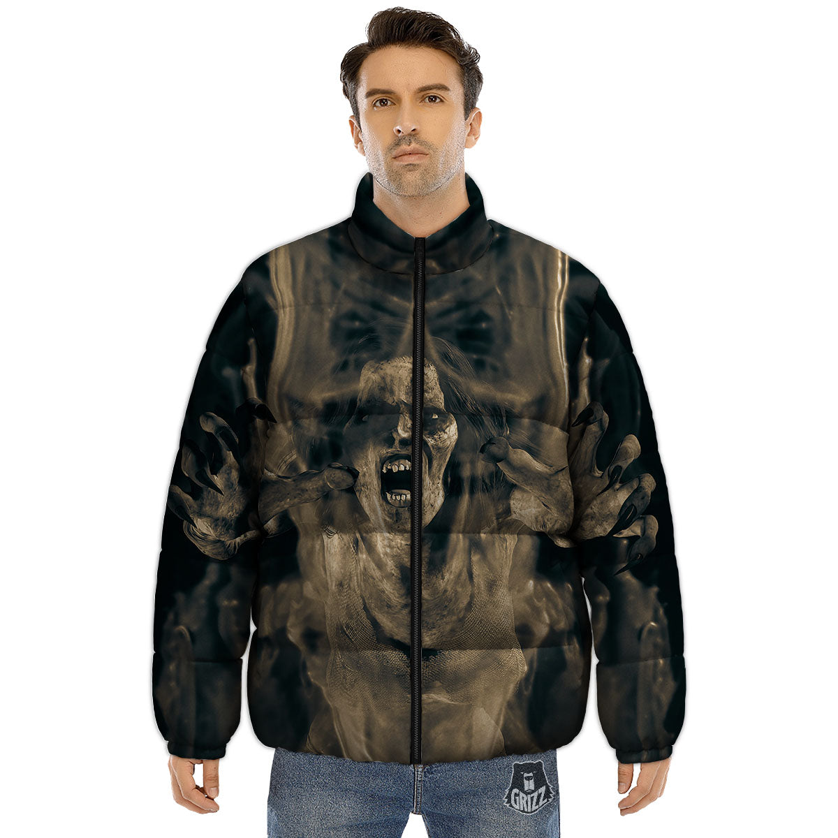 3D Screaming Ghost Horror Print Puffer Jacket-grizzshop