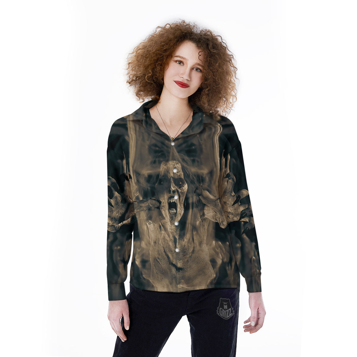 3D Screaming Ghost Horror Print Women's Long Sleeve Shirts-grizzshop