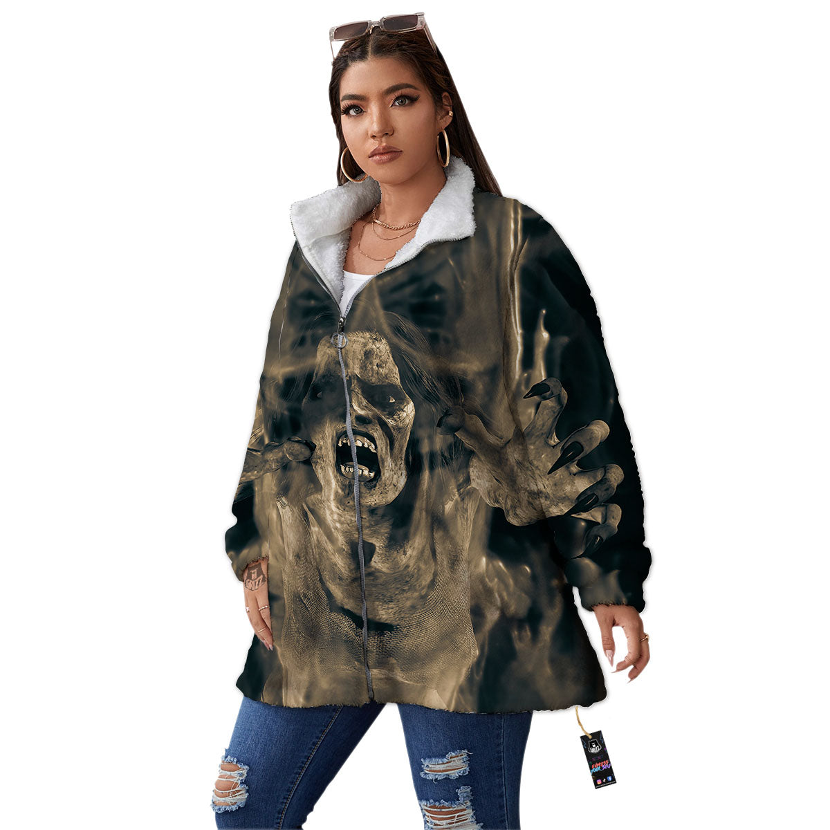 3D Screaming Ghost Horror Print Women's Sherpa Jacket-grizzshop