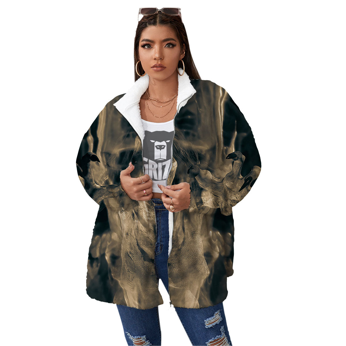 3D Screaming Ghost Horror Print Women's Sherpa Jacket-grizzshop