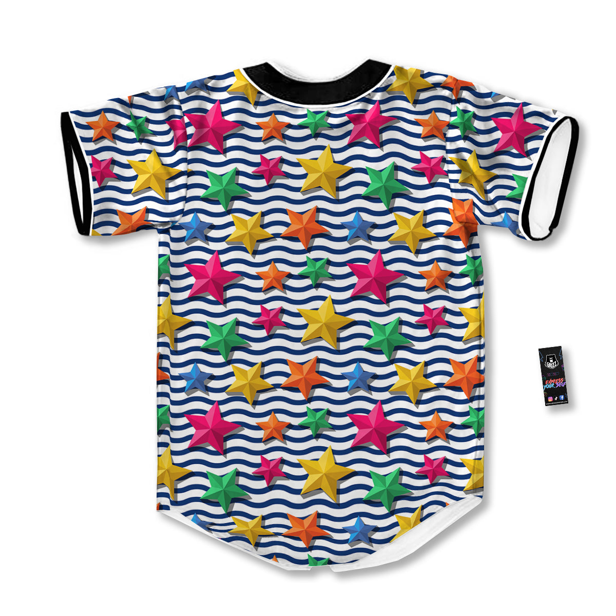 3D Stars And Blue Wave Print Pattern Baseball Jersey-grizzshop