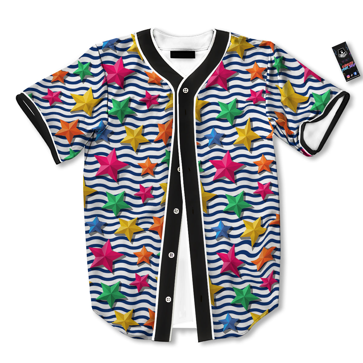 3D Stars And Blue Wave Print Pattern Baseball Jersey-grizzshop