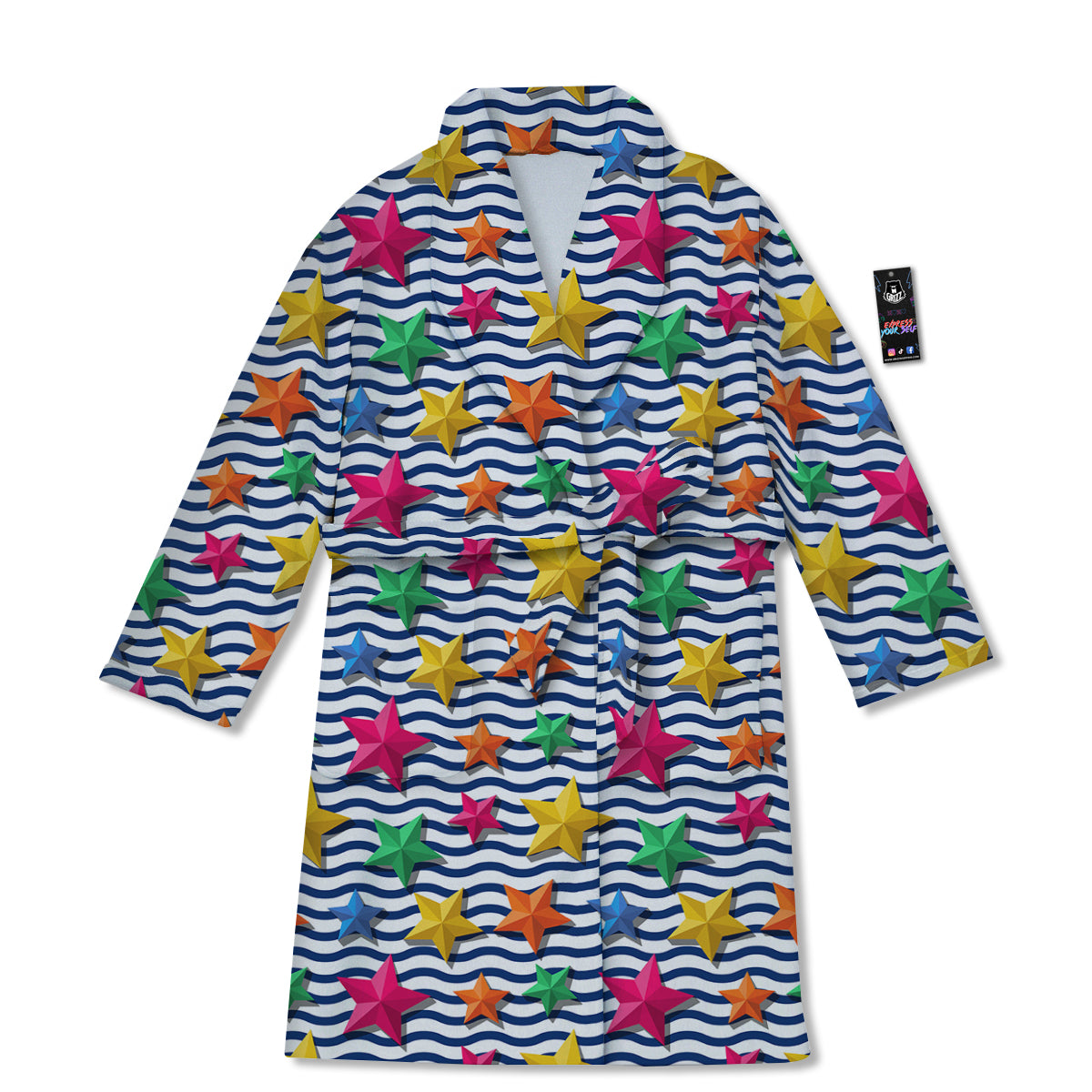3D Stars And Blue Wave Print Pattern Bathrobe-grizzshop