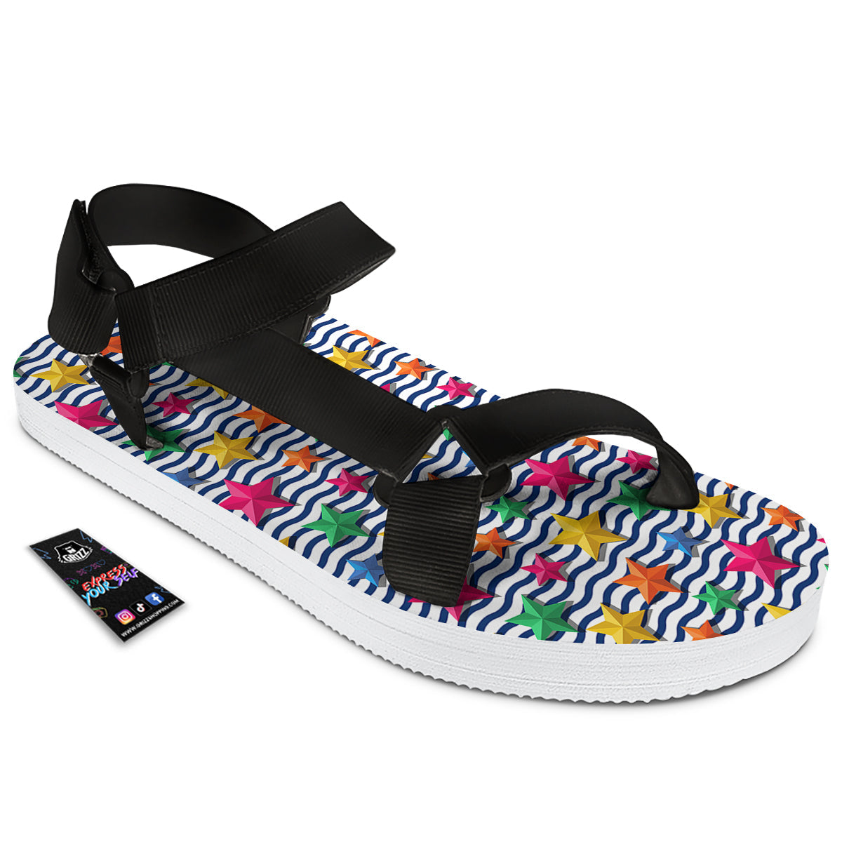 3D Stars And Blue Wave Print Pattern Black Open Toe Sandals-grizzshop