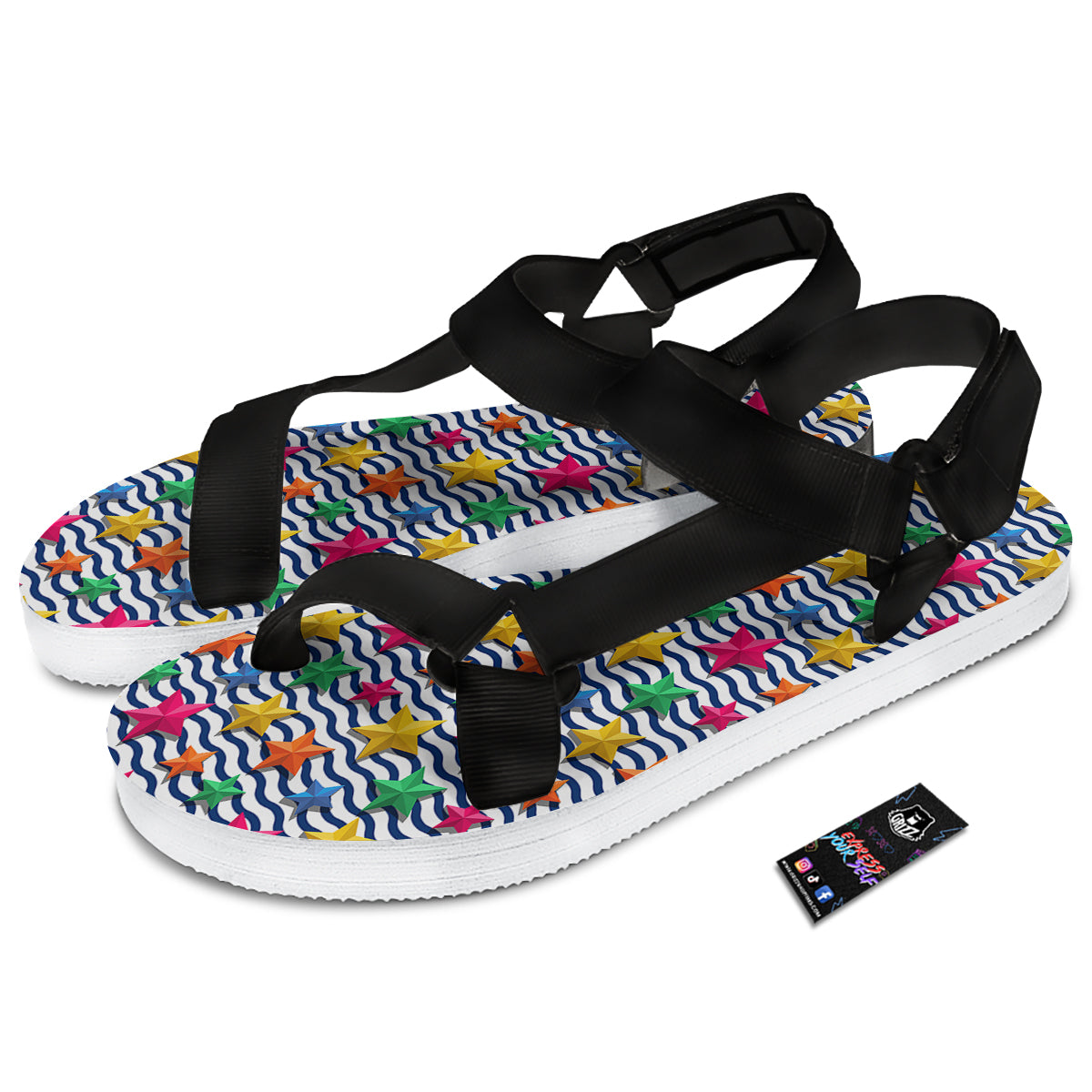 3D Stars And Blue Wave Print Pattern Black Open Toe Sandals-grizzshop