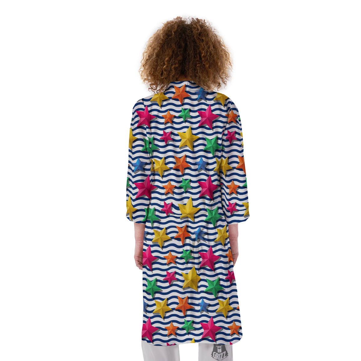 3D Stars And Blue Wave Print Pattern Kimono-grizzshop