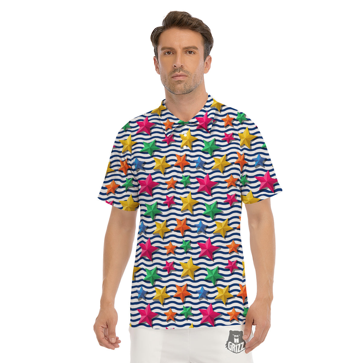 3D Stars And Blue Wave Print Pattern Men's Golf Shirts-grizzshop