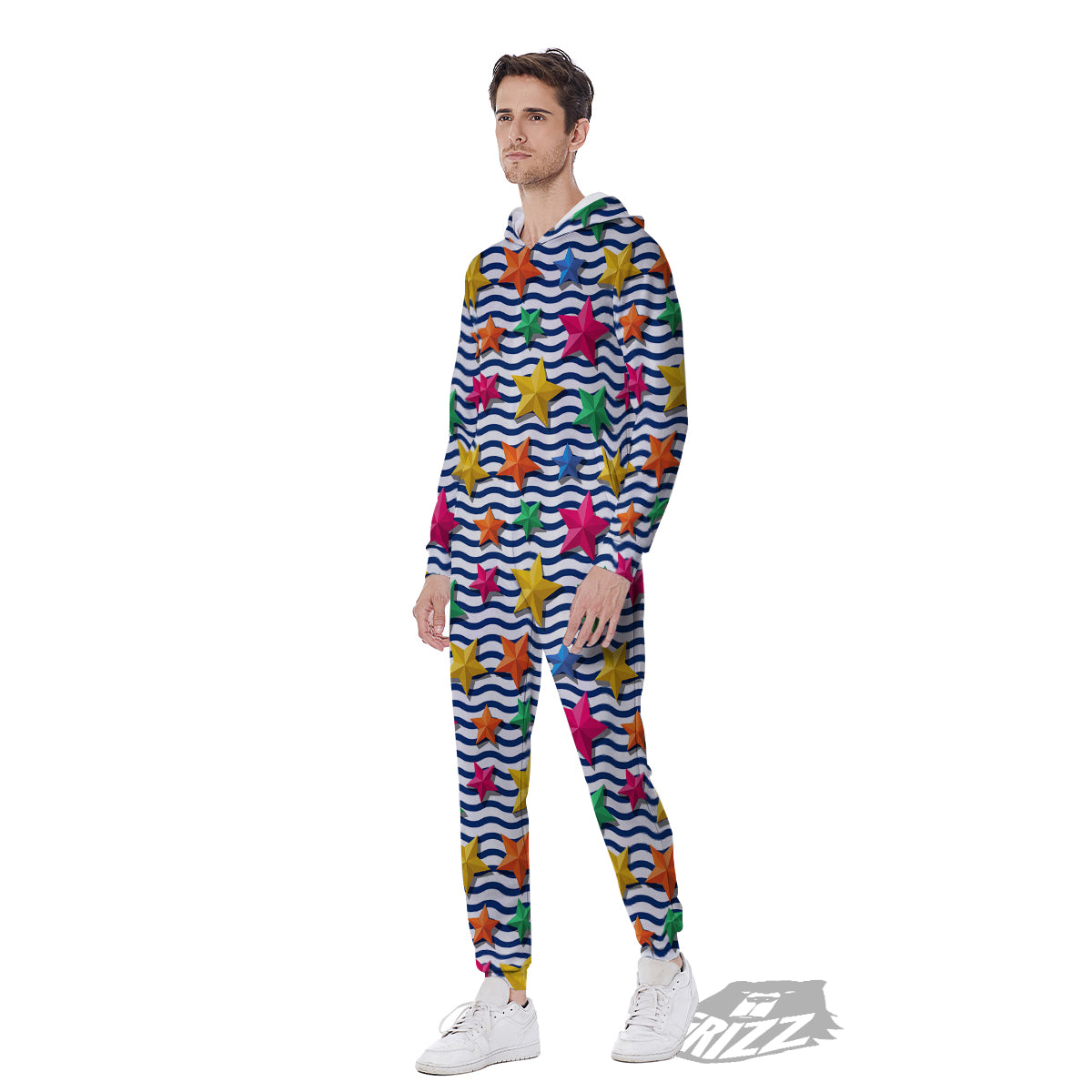 3D Stars And Blue Wave Print Pattern Men's Jumpsuit-grizzshop