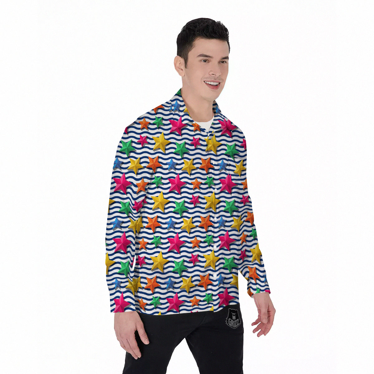 3D Stars And Blue Wave Print Pattern Men's Long Sleeve Shirts-grizzshop
