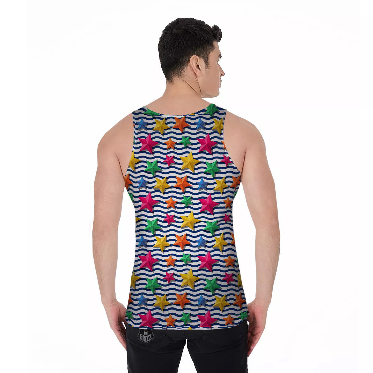 3D Stars And Blue Wave Print Pattern Men's Tank Top-grizzshop