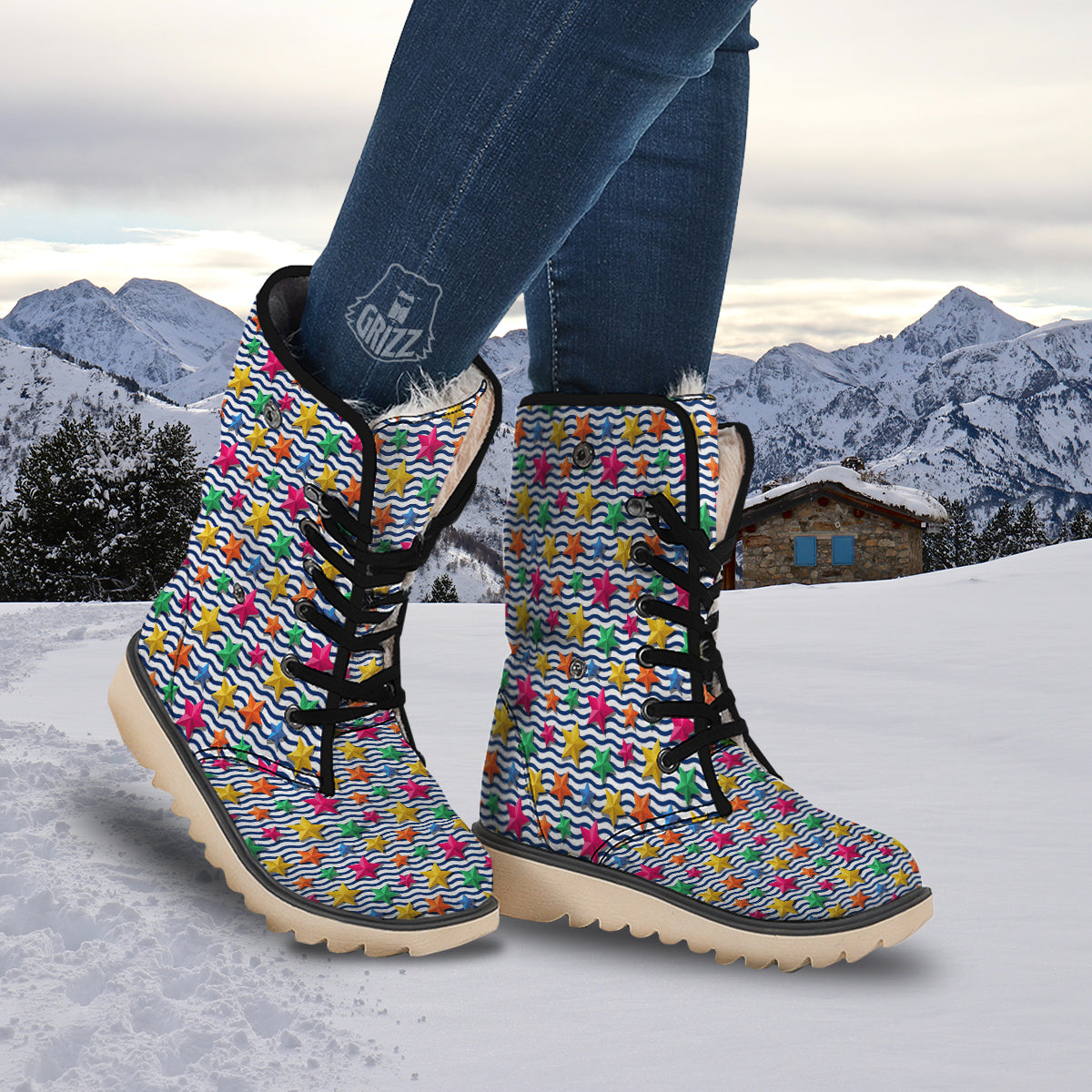 3D Stars And Blue Wave Print Pattern Snow Boots-grizzshop