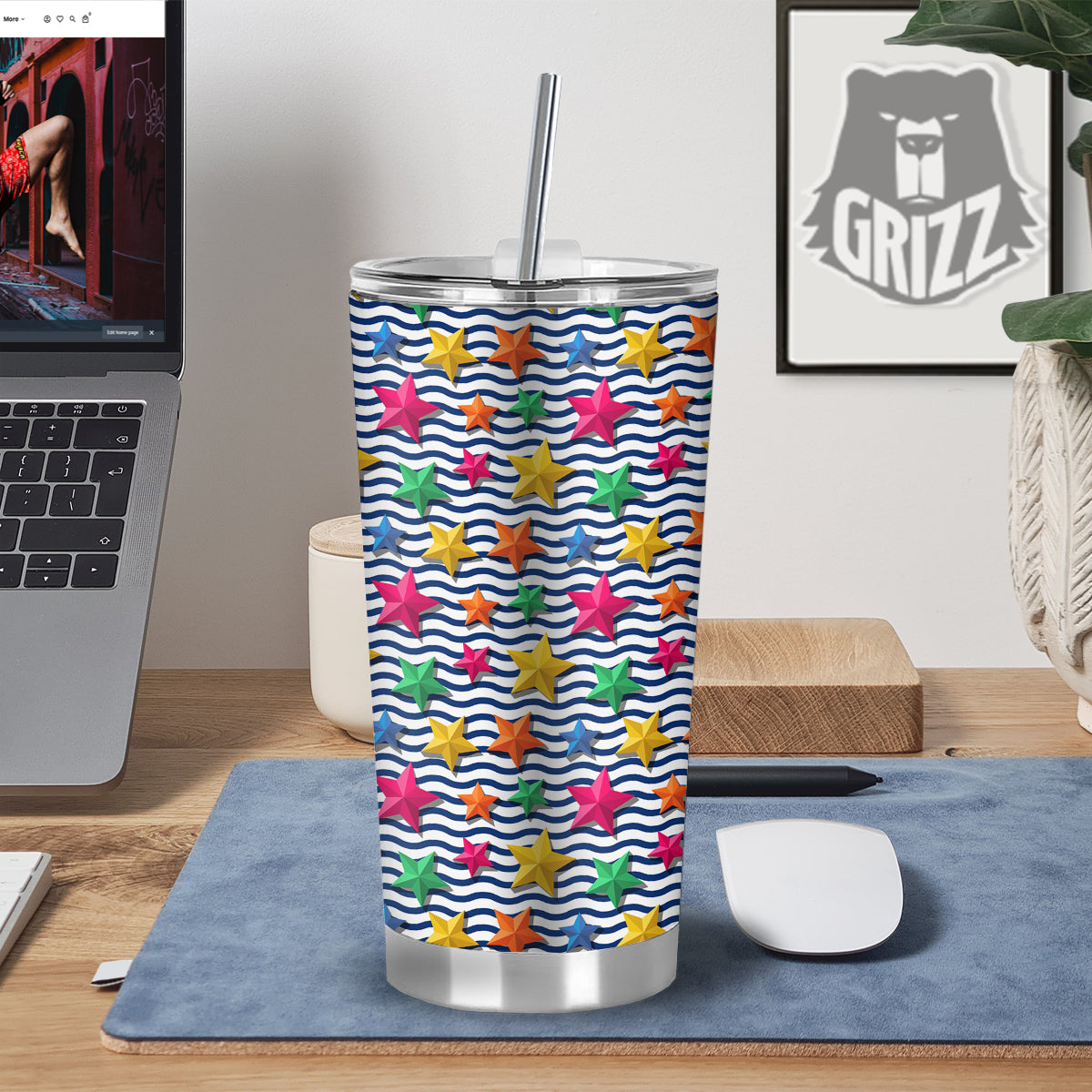 3D Stars And Blue Wave Print Pattern Tumbler-grizzshop