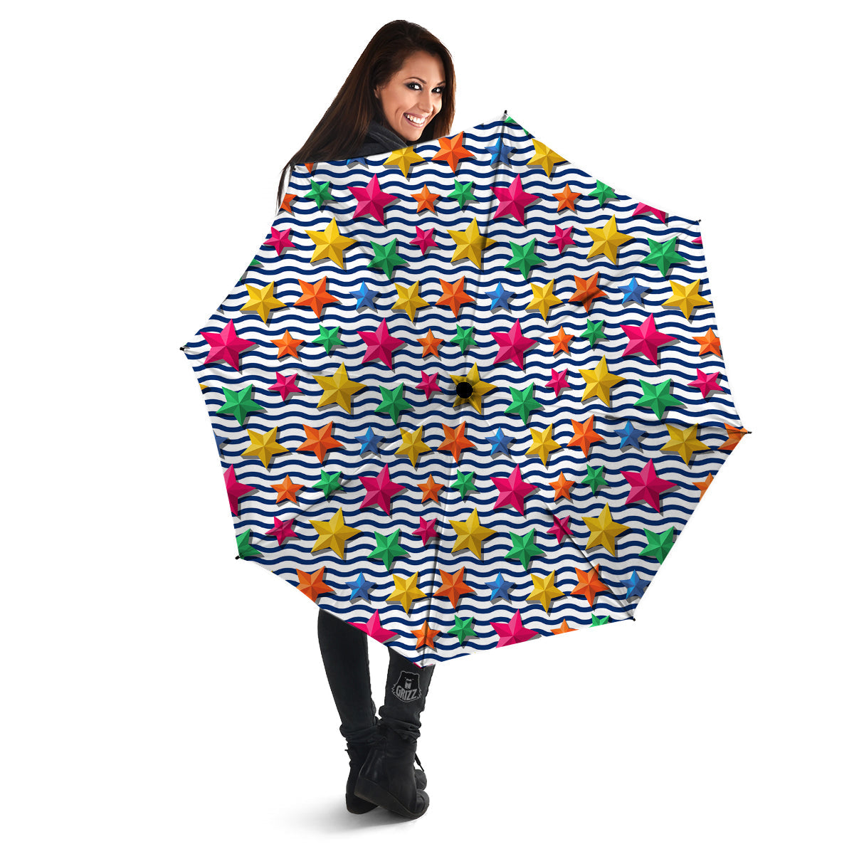 3D Stars And Blue Wave Print Pattern Umbrella-grizzshop