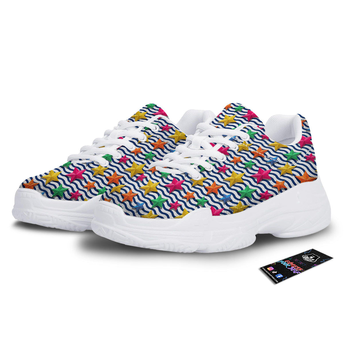 3D Stars And Blue Wave Print Pattern White Chunky Shoes-grizzshop