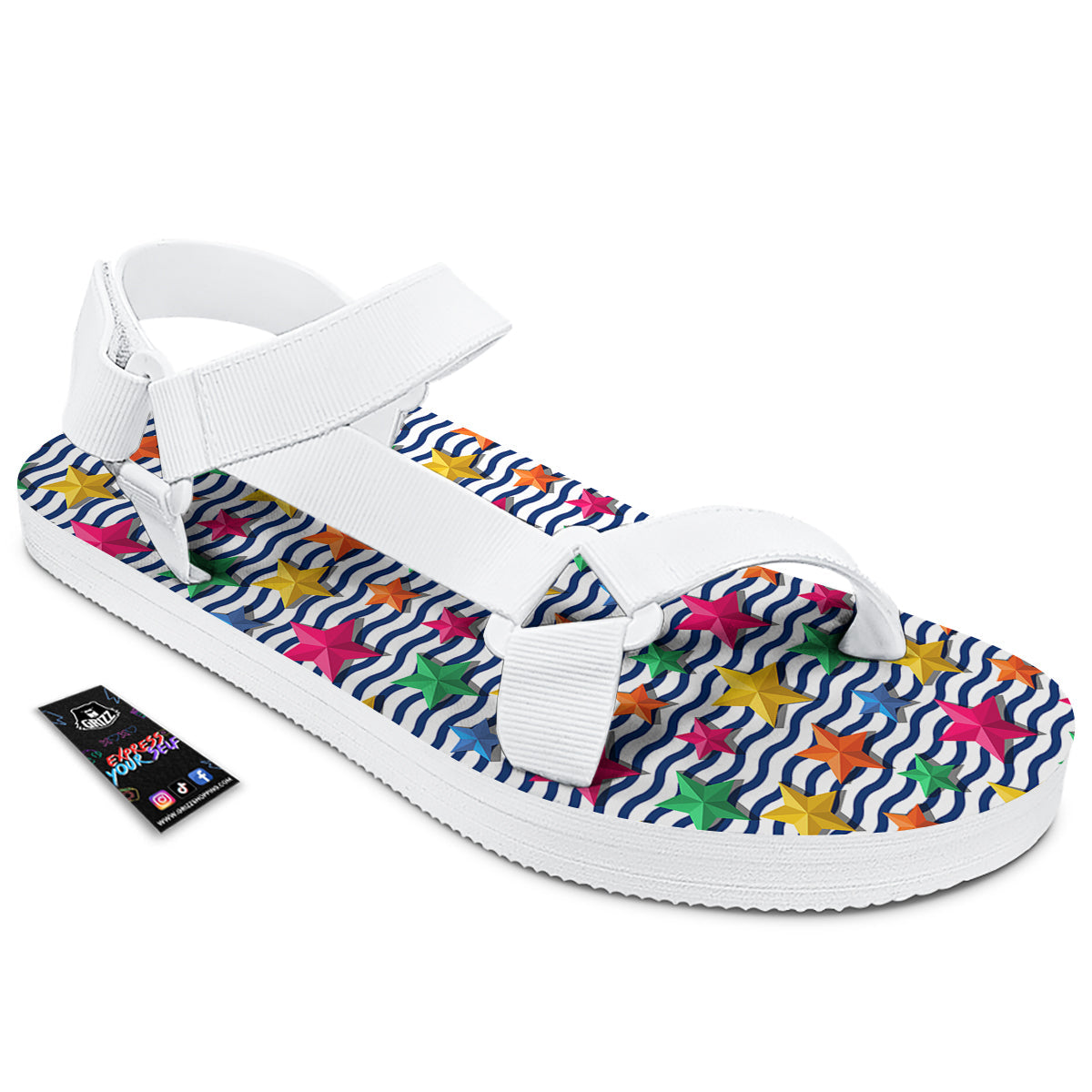 3D Stars And Blue Wave Print Pattern White Open Toe Sandals-grizzshop