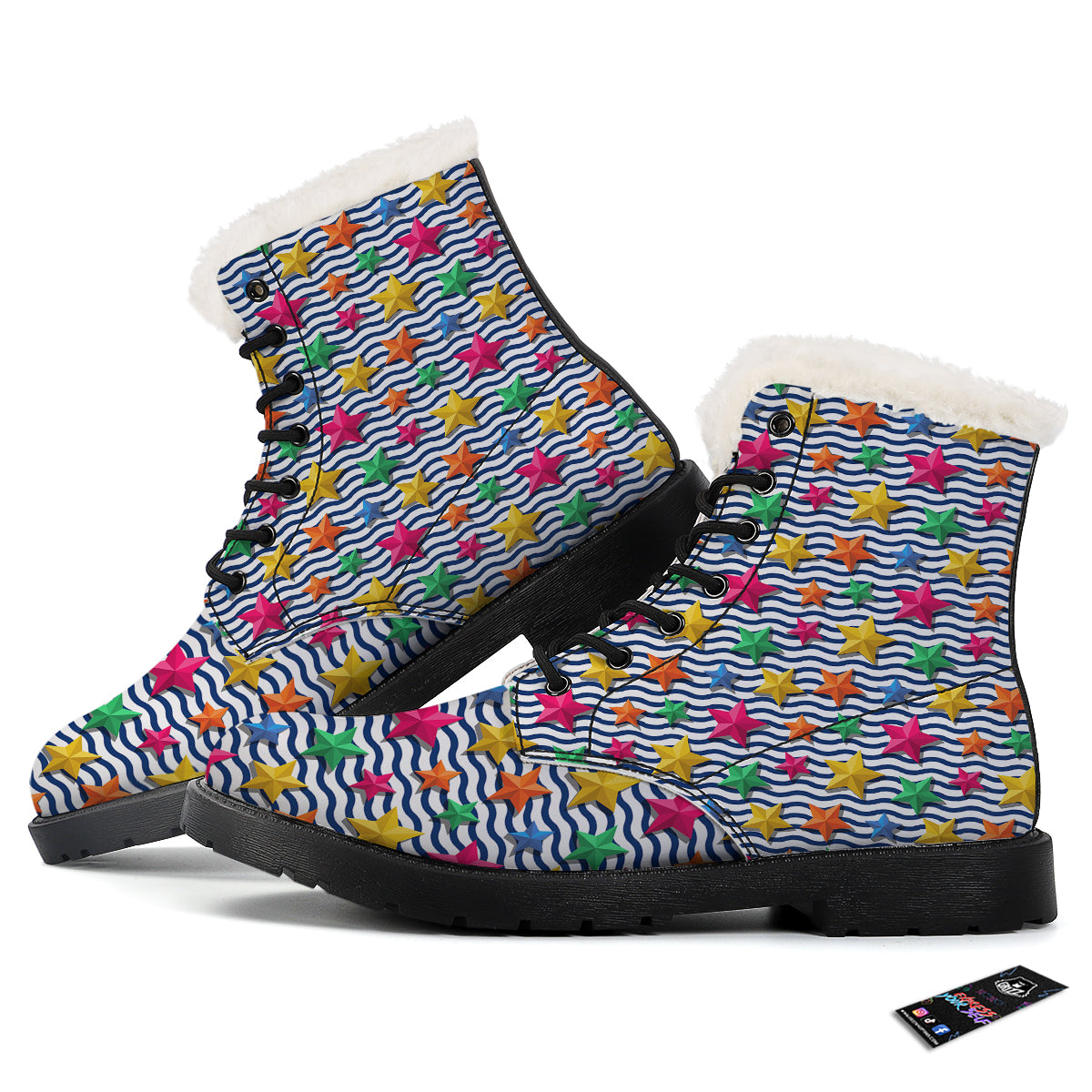 3D Stars And Blue Wave Print Pattern Winter Boots-grizzshop