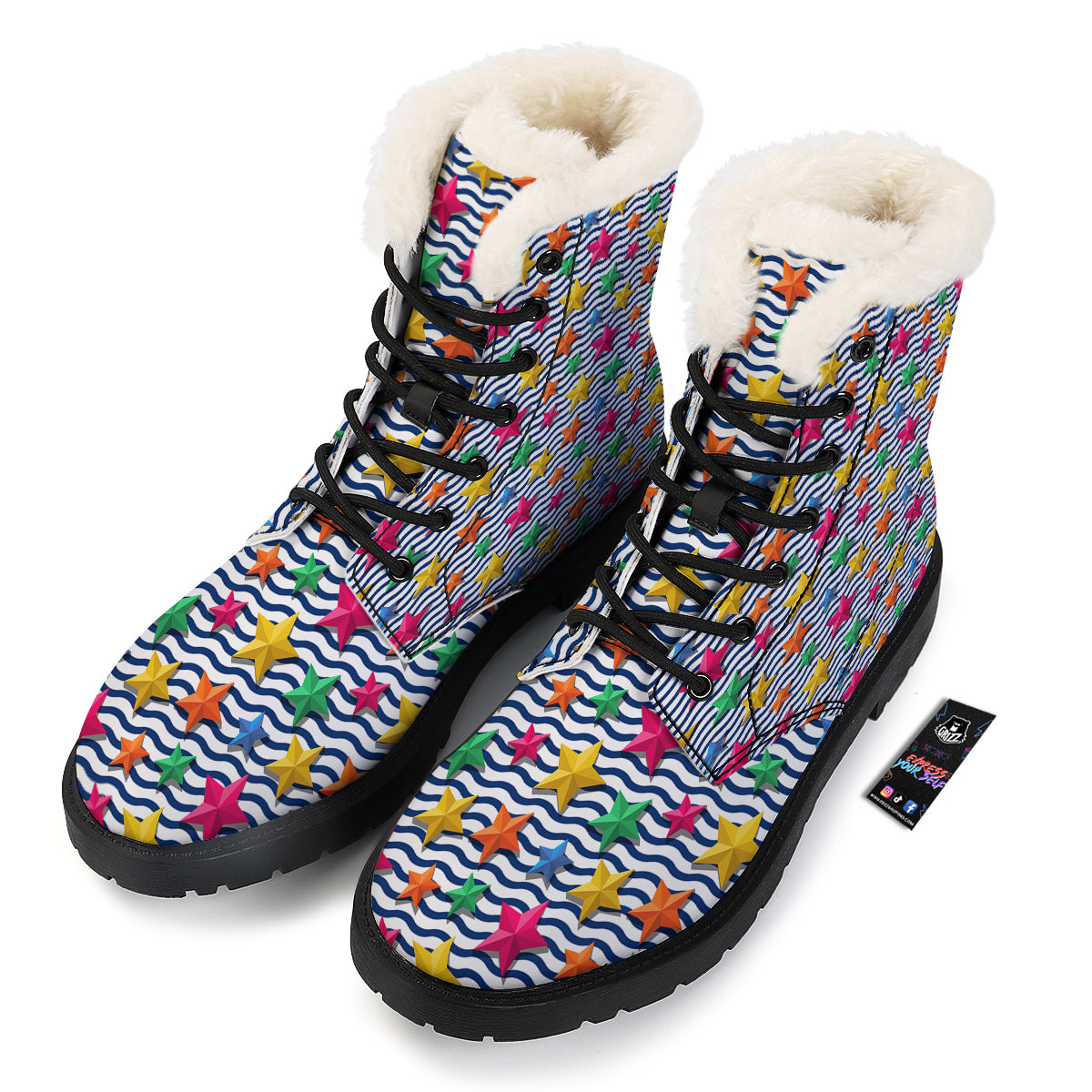 3D Stars And Blue Wave Print Pattern Winter Boots-grizzshop
