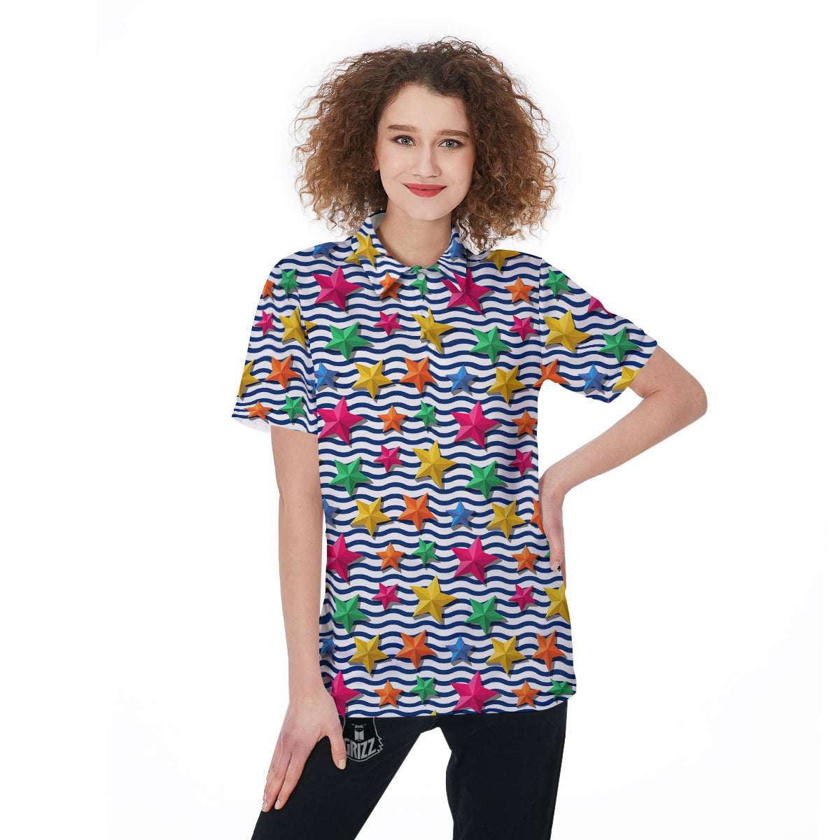 3D Stars And Blue Wave Print Pattern Women's Golf Shirts-grizzshop