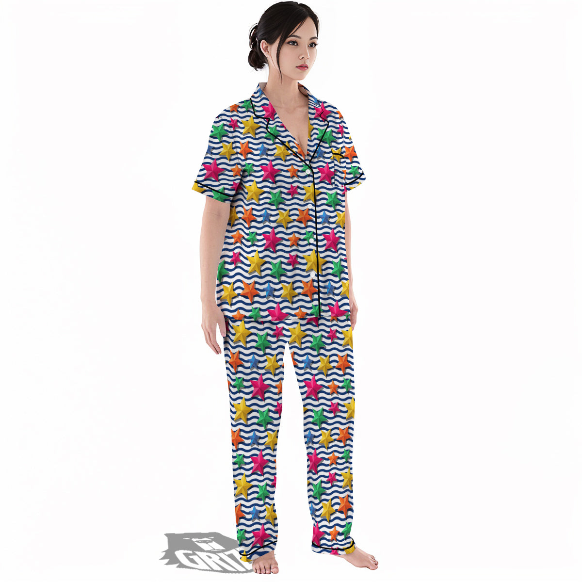 3D Stars And Blue Wave Print Pattern Women's Pajamas Set-grizzshop