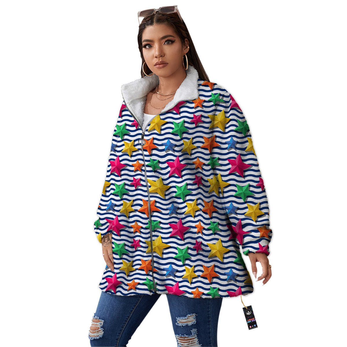 3D Stars And Blue Wave Print Pattern Women's Sherpa Jacket-grizzshop