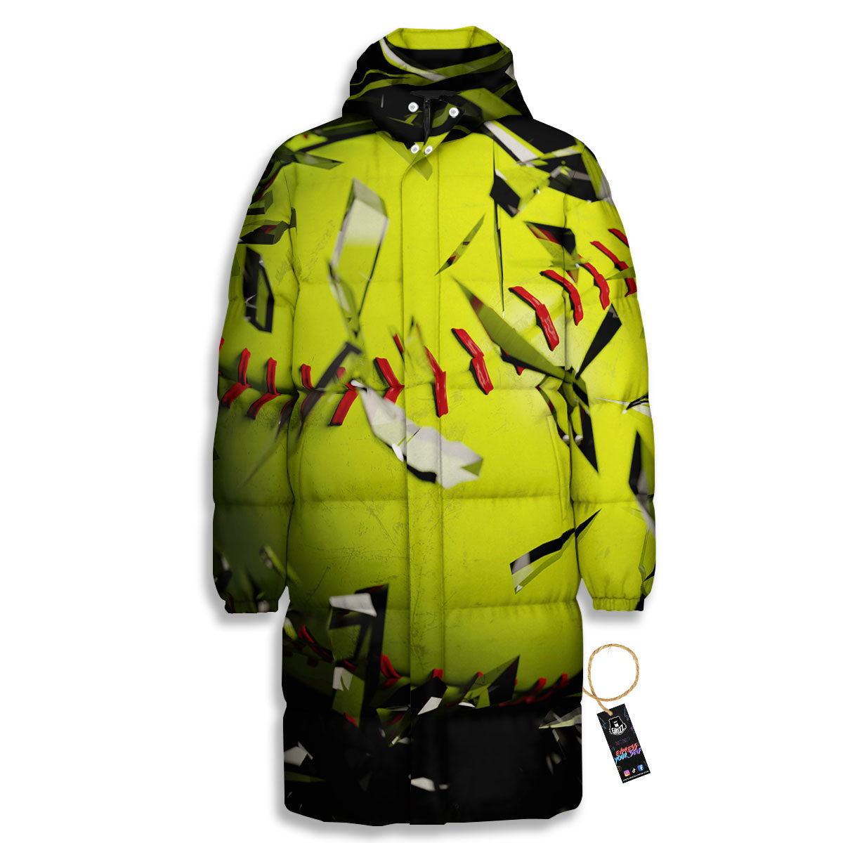 3D Baseballs Print Long Down Jacket