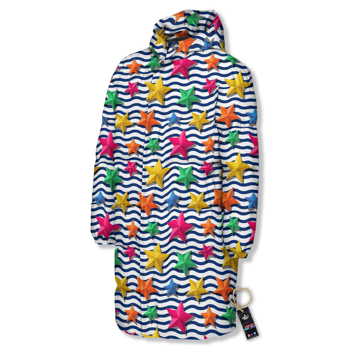 3D Stars And Blue Wave Print Pattern Long Down Jacket