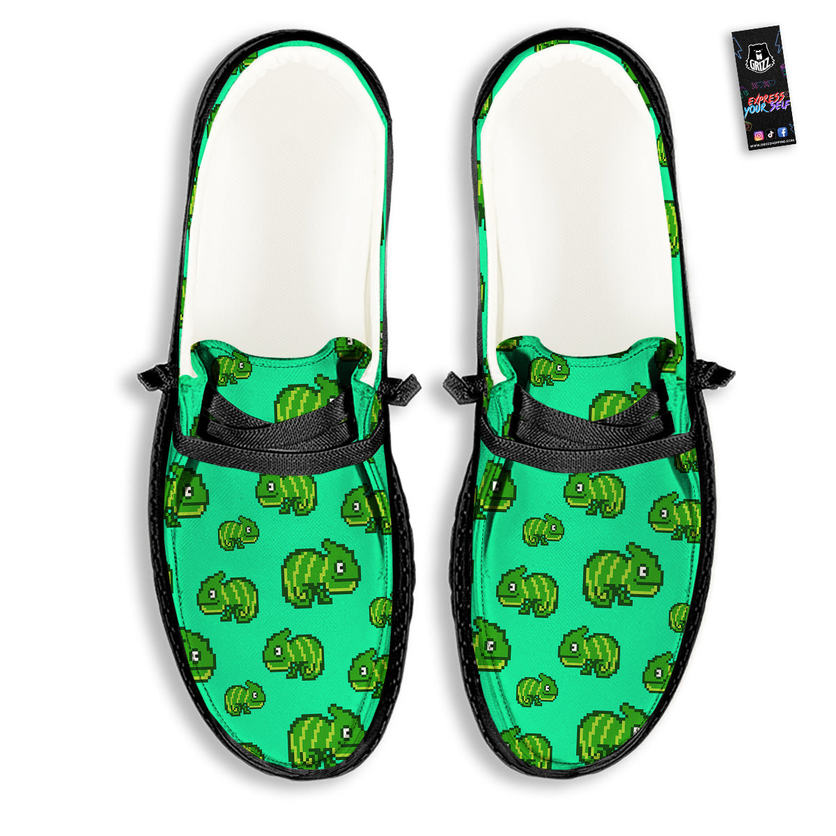 8 Bit Pixel Green Chameleons Print Pattern Black Loafers-grizzshop
