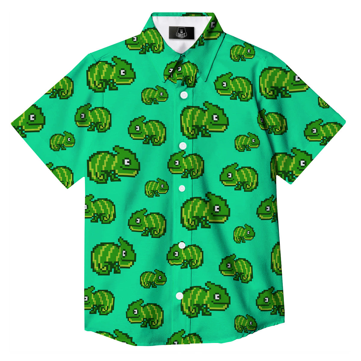 8 Bit Pixel Green Chameleons Print Pattern Button Up Shirt-grizzshop