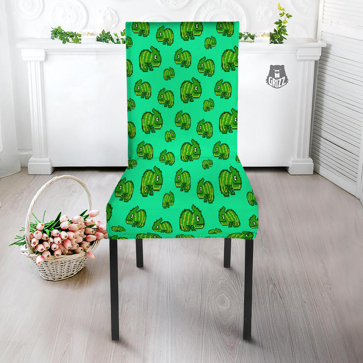 8 Bit Pixel Green Chameleons Print Pattern Dining Chair Slipcover-grizzshop