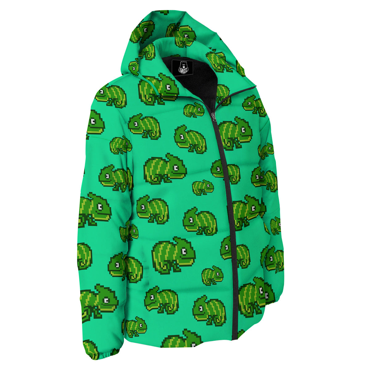 8 Bit Pixel Green Chameleons Print Pattern Down Jacket-grizzshop