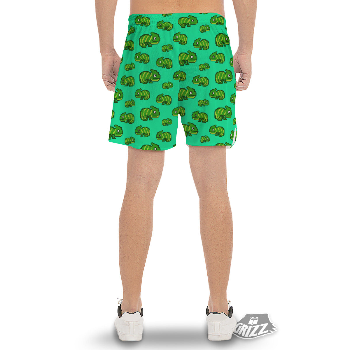 8 Bit Pixel Green Chameleons Print Pattern Men's Gym Shorts-grizzshop