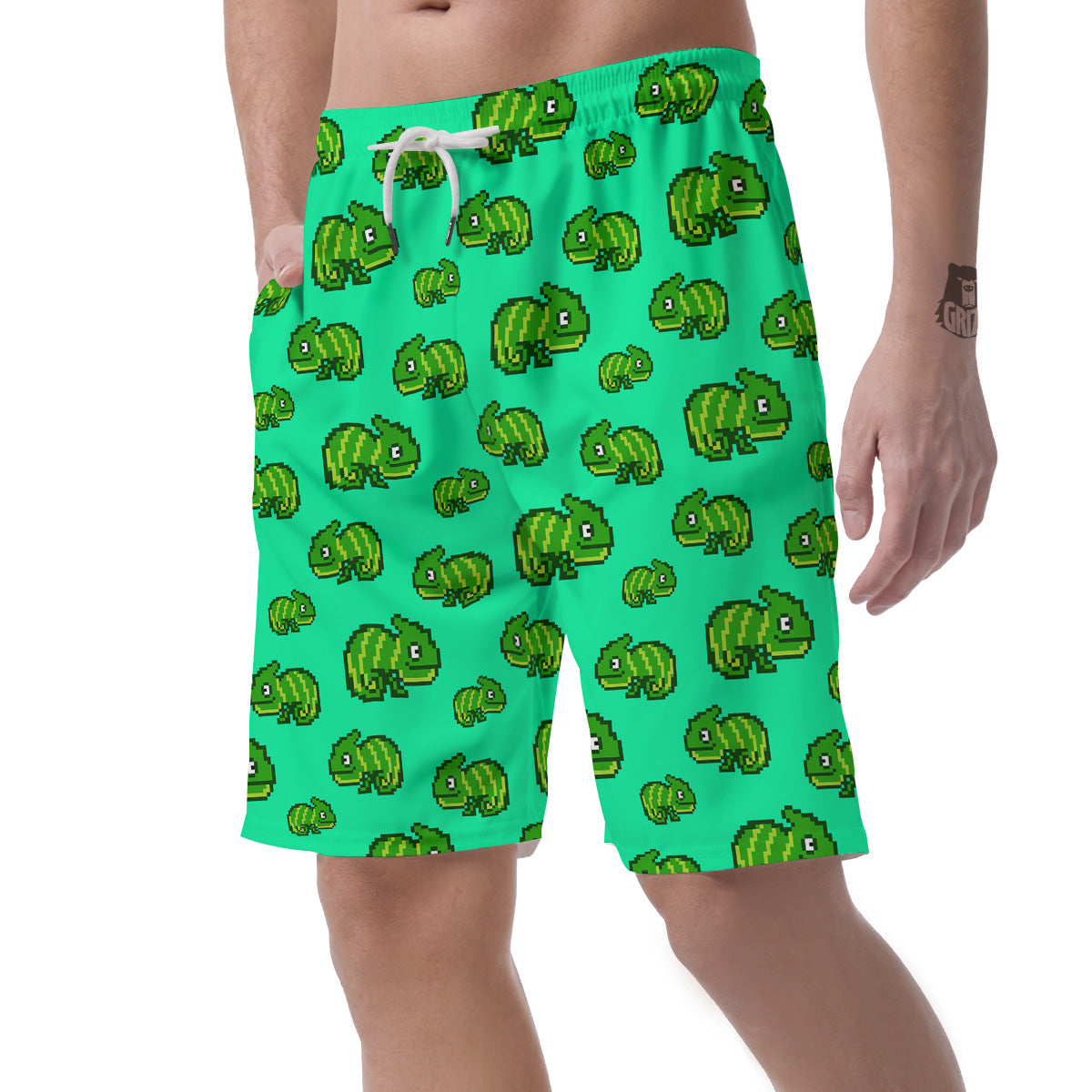 8 Bit Pixel Green Chameleons Print Pattern Men's Shorts-grizzshop