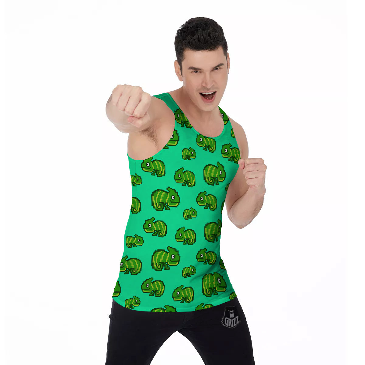 8 Bit Pixel Green Chameleons Print Pattern Men's Tank Top-grizzshop