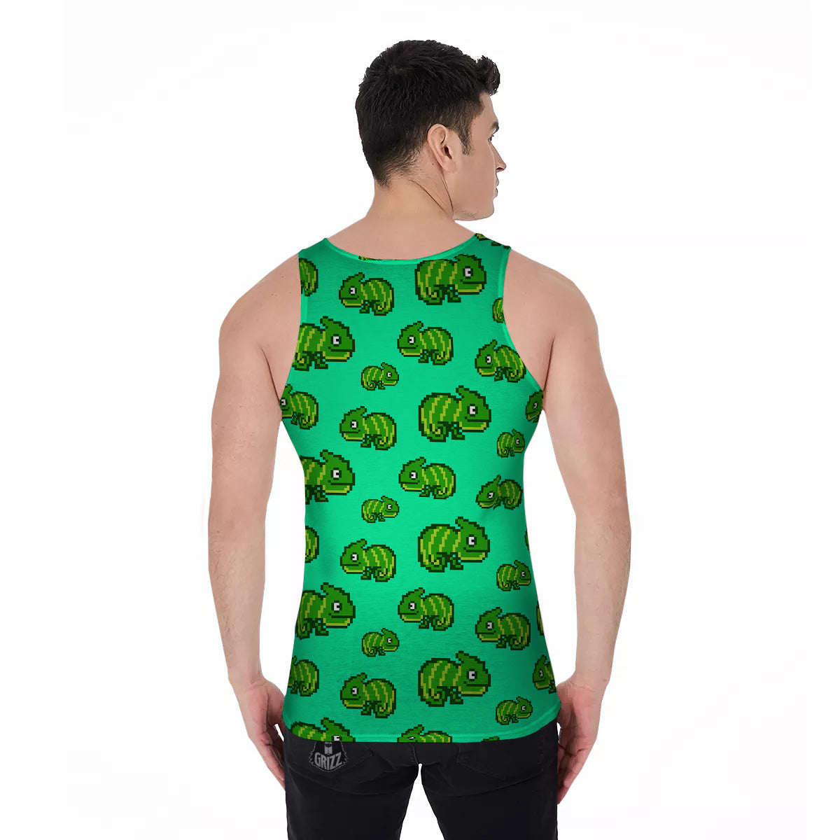 8 Bit Pixel Green Chameleons Print Pattern Men's Tank Top-grizzshop